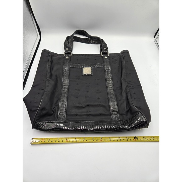 MCM Black Nylon Tote Bag Satchel Purse Handbag with Crocodile Trim - Picture 5 of 11